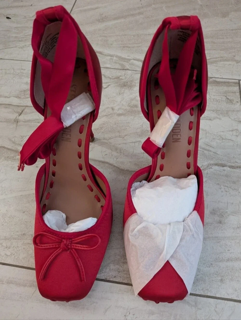Steve Madden Red Satin Ankle-Tie Pointed-Toe Heels